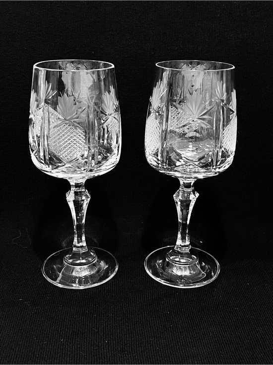 Vintage 1950’s Hand cut Crystal Wine Goblets Set of 2 Made in Germany